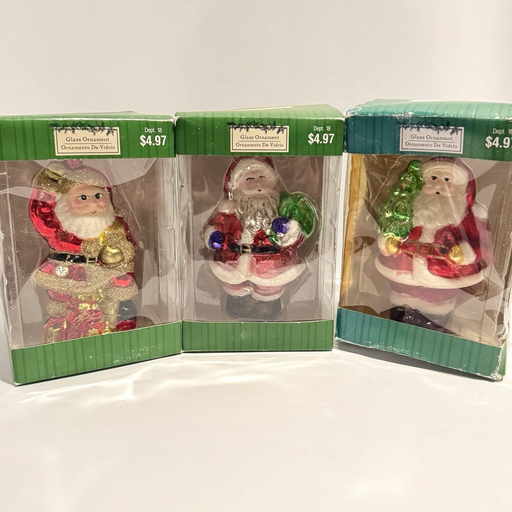 Vintage Walmart Glass Santa Ornaments Set of 3 - 5" Hand Painted Boxed
